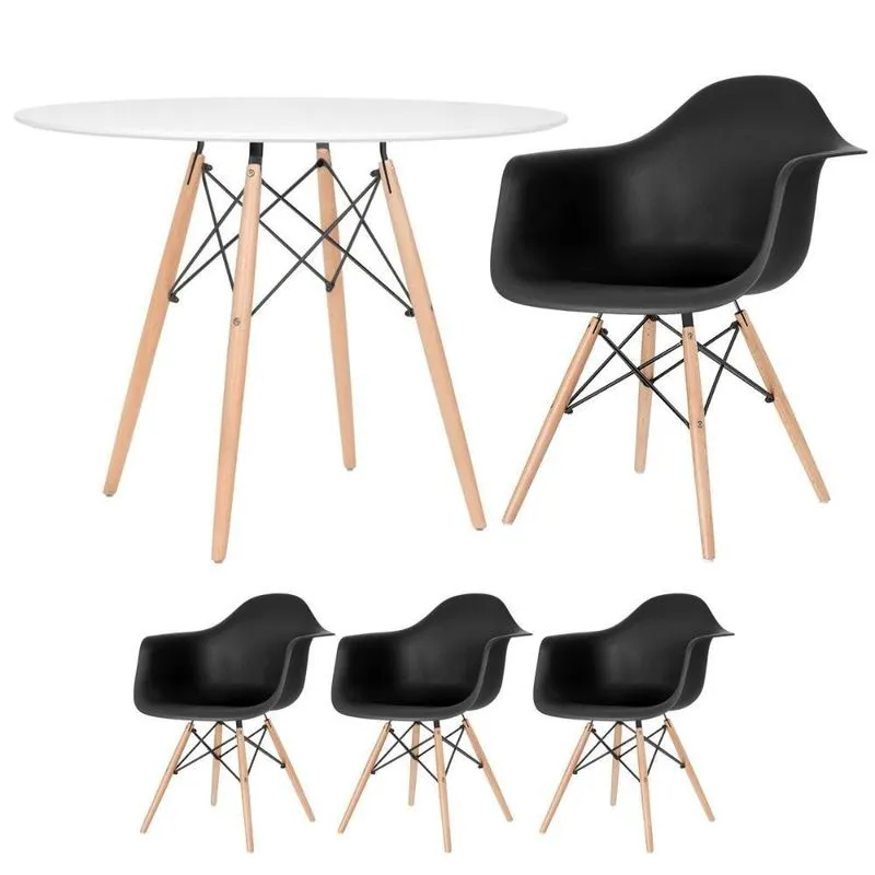Mesa Redonda Eames 100 Cm Branco + 3 Cadeiras Eiffel Daw Preto Preto