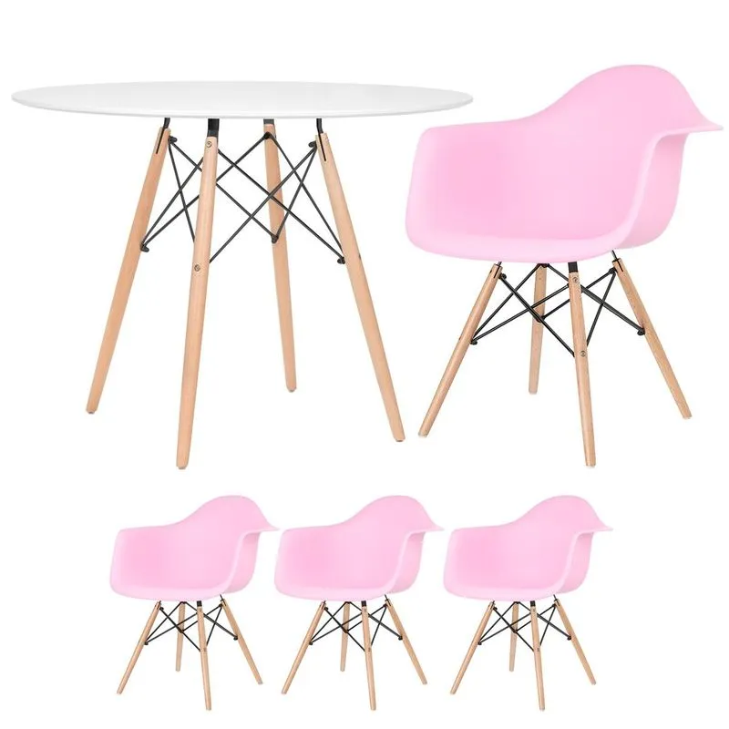 Kit - Mesa Redonda Eames 100 Cm Branco + 3 Cadeiras Eiffel Daw Rosa Claro