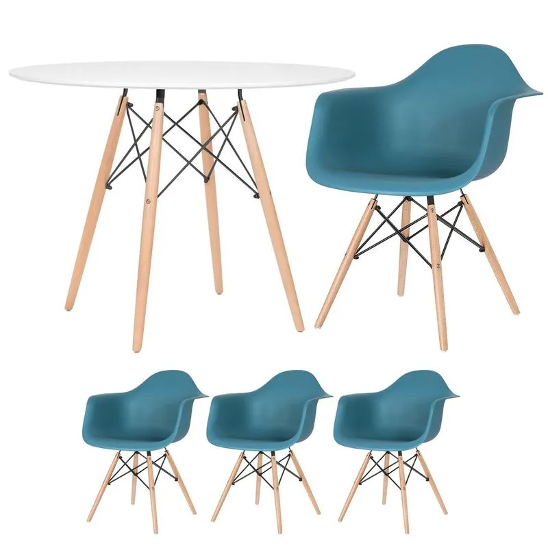 Kit - Mesa Redonda Eames 100 Cm Branco + 3 Cadeiras Eiffel Daw Turquesa