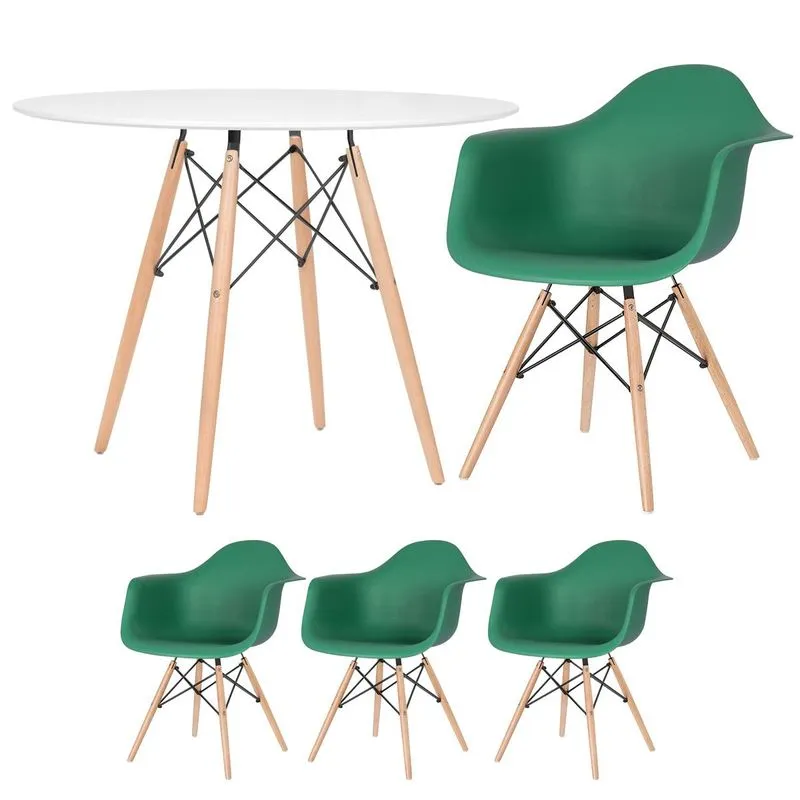 Kit - Mesa Redonda Eames 100 Cm Branco + 3 Cadeiras Eiffel Daw Verde Escuro