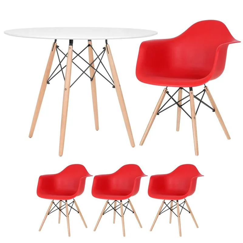 Kit - Mesa Redonda Eames 100 Cm Branco + 3 Cadeiras Eiffel Daw Vermelho