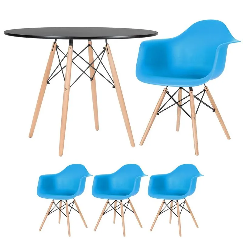 Kit - Mesa Redonda Eames 100 Cm Preto + 3 Cadeiras Eiffel Daw Azul Céu
