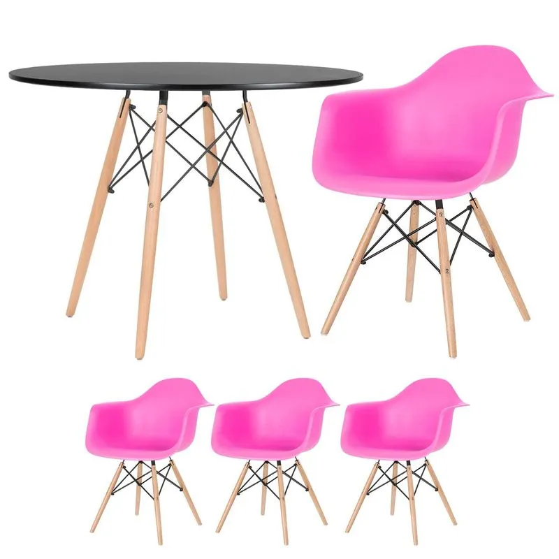 Kit - Mesa Redonda Eames 100 Cm Preto + 3 Cadeiras Eiffel Daw Rosa Pink