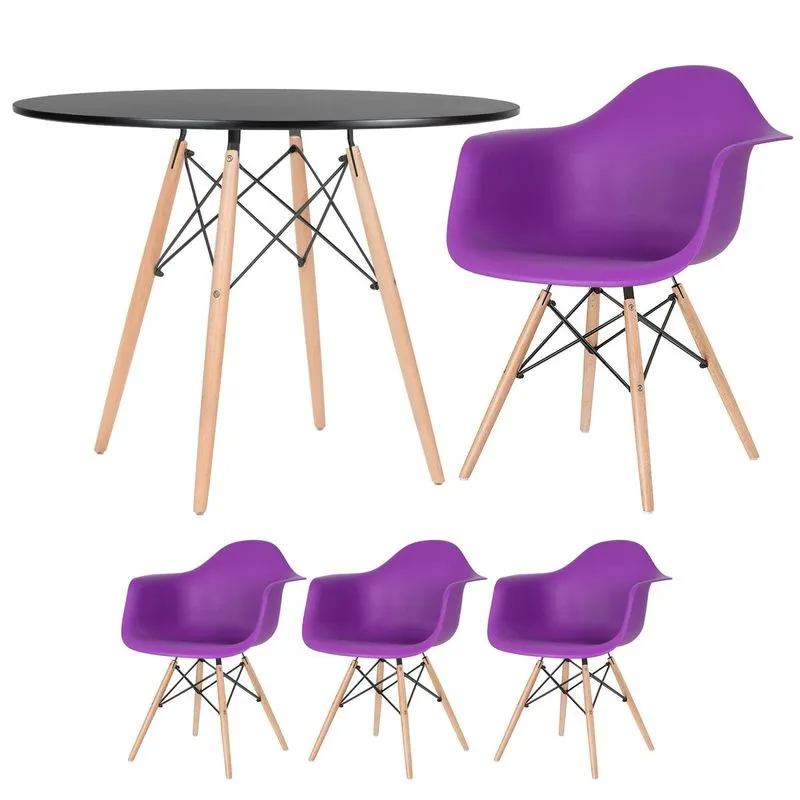 Kit - Mesa Redonda Eames 100 Cm Preto + 3 Cadeiras Eiffel Daw Roxo