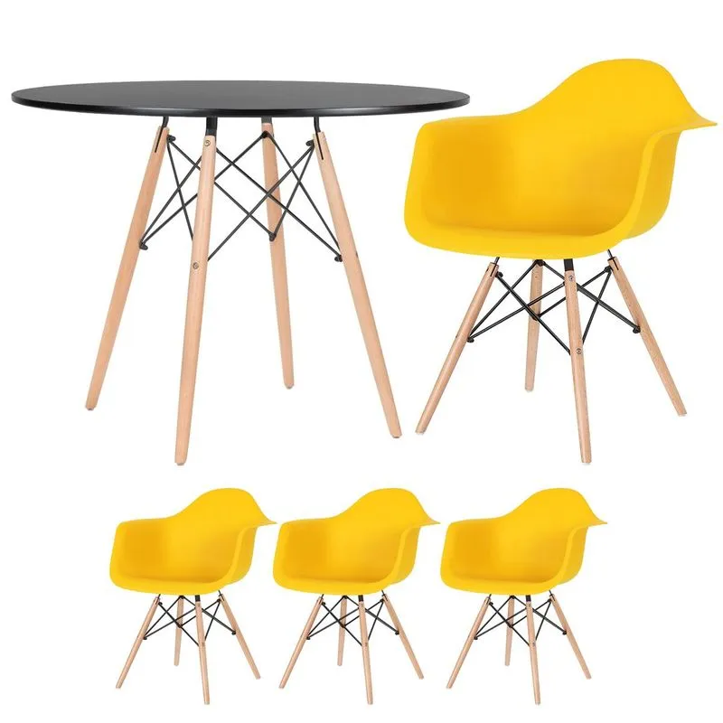 Kit - Mesa Redonda Eames 100 Cm Preto + 3 Cadeiras Eiffel Daw Amarelo