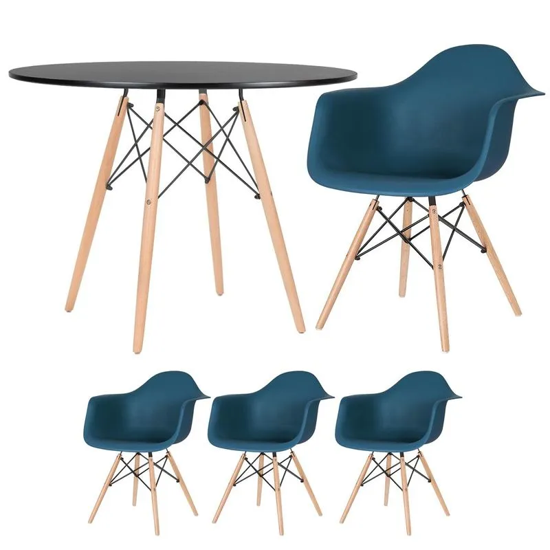 Kit - Mesa Redonda Eames 100 Cm Preto + 3 Cadeiras Eiffel Daw Azul Petróleo