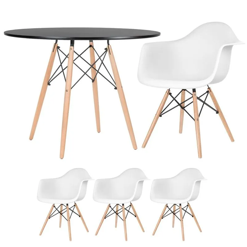 Kit - Mesa Redonda Eames 100 Cm Preto + 3 Cadeiras Eiffel Daw Branco