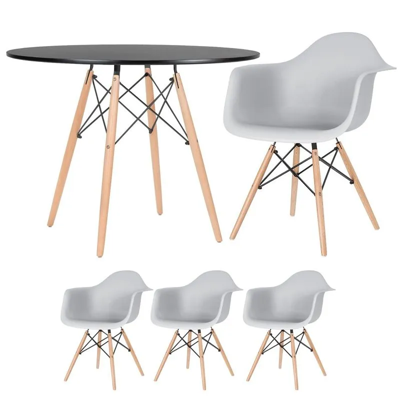 Kit - Mesa Redonda Eames 100 Cm Preto + 3 Cadeiras Eiffel Daw Cinza Claro