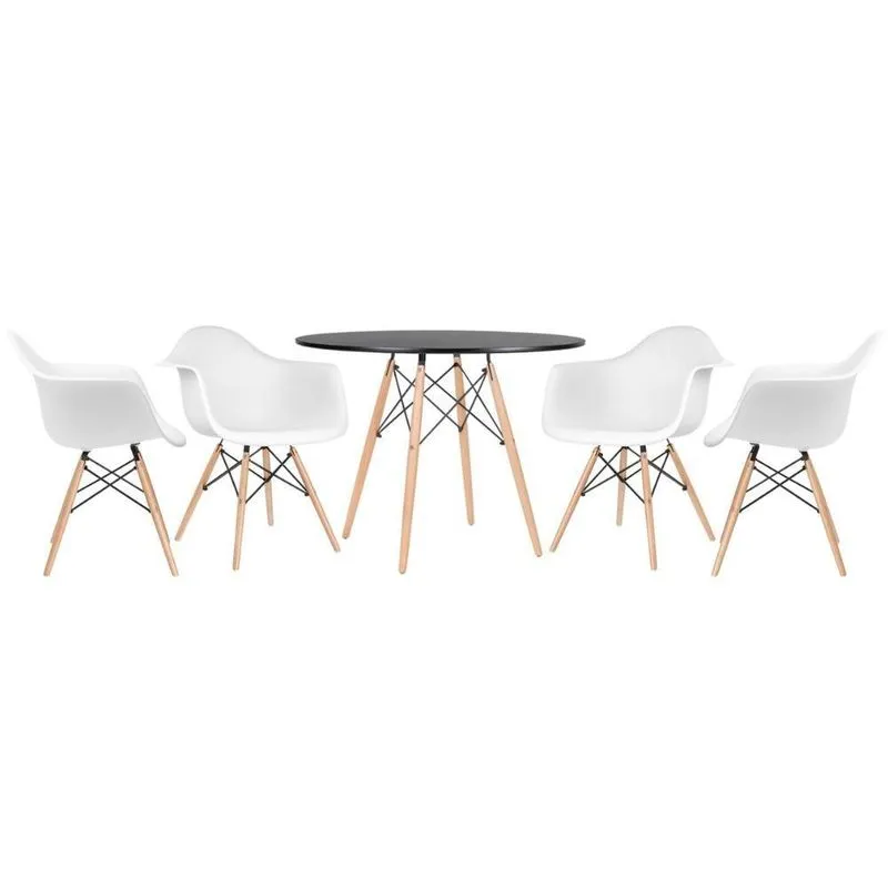 Mesa Redonda Eames 100 Cm Preto + 4 Cadeiras Eiffel Daw Branco Branco