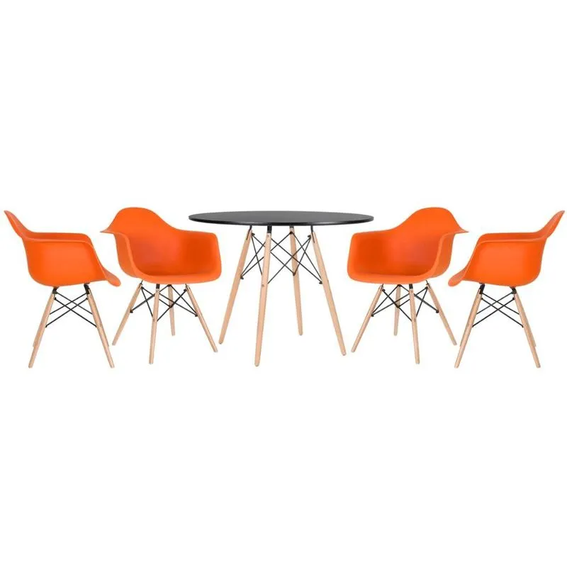 Kit - Mesa redonda Eames 100 cm preto + 4 cadeiras Eiffel daw Laranja