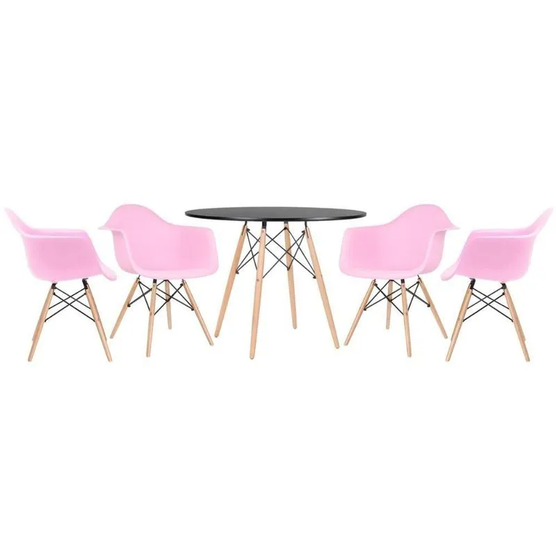 Mesa Redonda Eames 100 Cm Preto + 4 Cadeiras Eiffel Daw Rosa Claro Rosa Claro