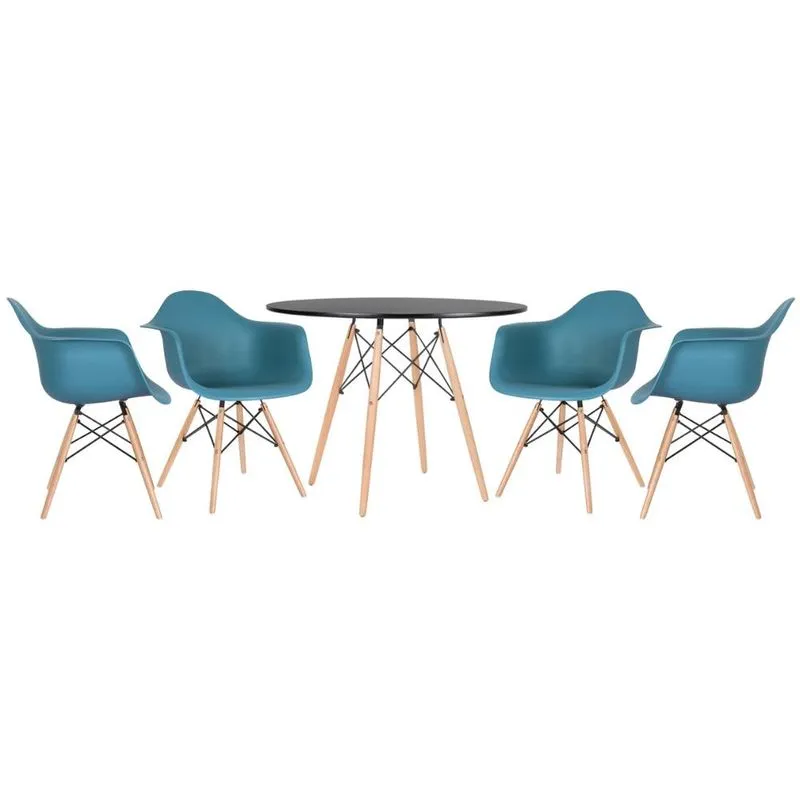 Kit - Mesa redonda Eames 100 cm preto + 4 cadeiras Eiffel daw Turquesa