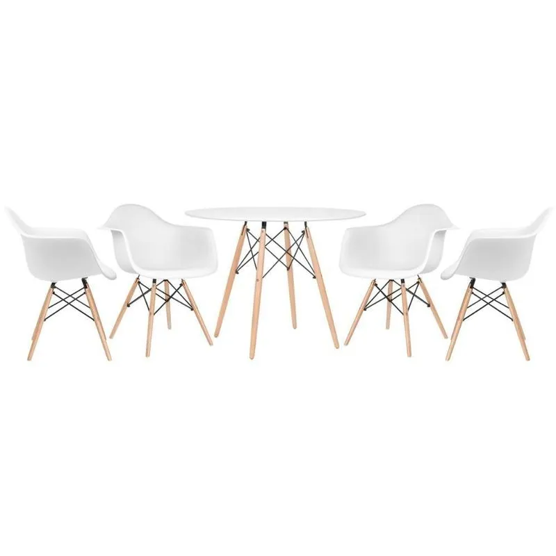 Mesa Redonda Eames 100 Cm Branco + 4 Cadeiras Eiffel Daw Branco Branco