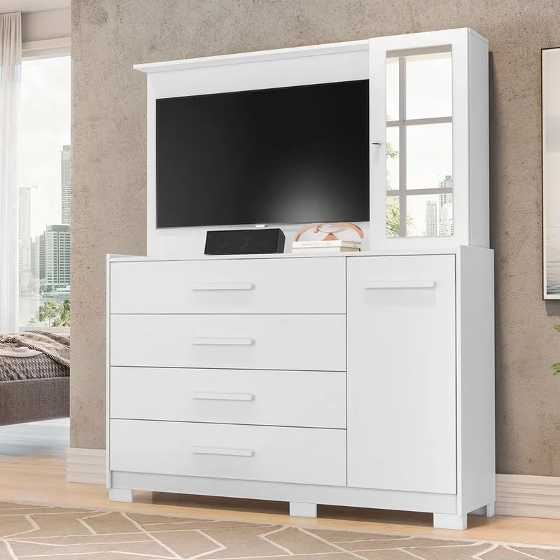 Cômoda IlhaBela Albatroz com Painel Para Tv's de até 43", 04 Gavetas, 02 Portas e Espelho Branco Fosco