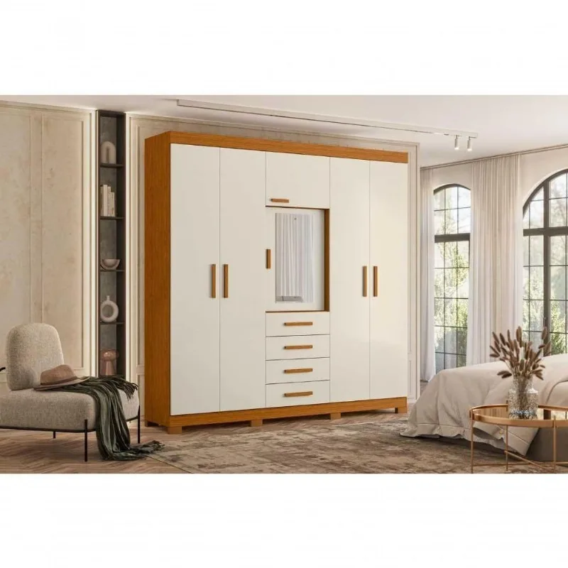 Guarda Roupa Casal Virtus 6 Portas de Bater 4 Gavetas MDP Cinamomo Off White 220CM