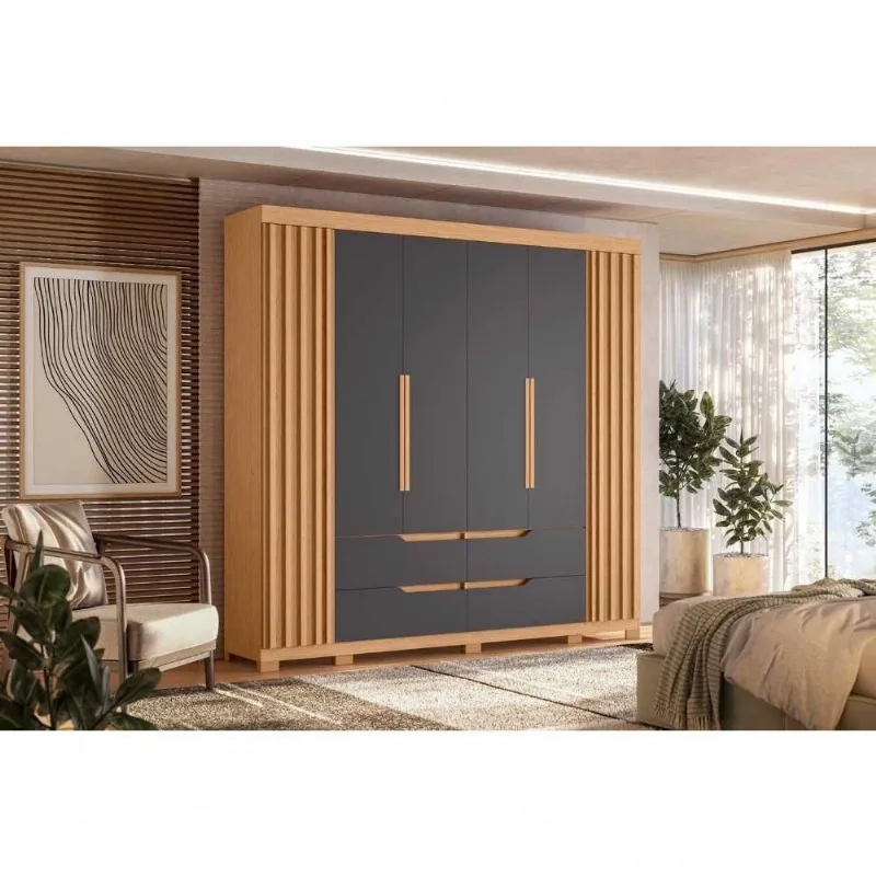 Guarda Roupa Casal Doble 6 Portas de Bater 4 Gavetas MDP Freijó Titanium 240CM