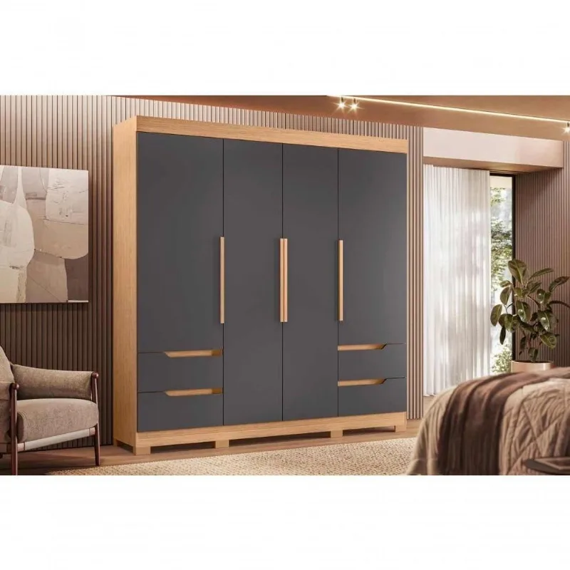 Guarda Roupa Casal Vivacce 4 Portas Dobráveis 4 Gavetas MDP Freijó Titanium 212CM