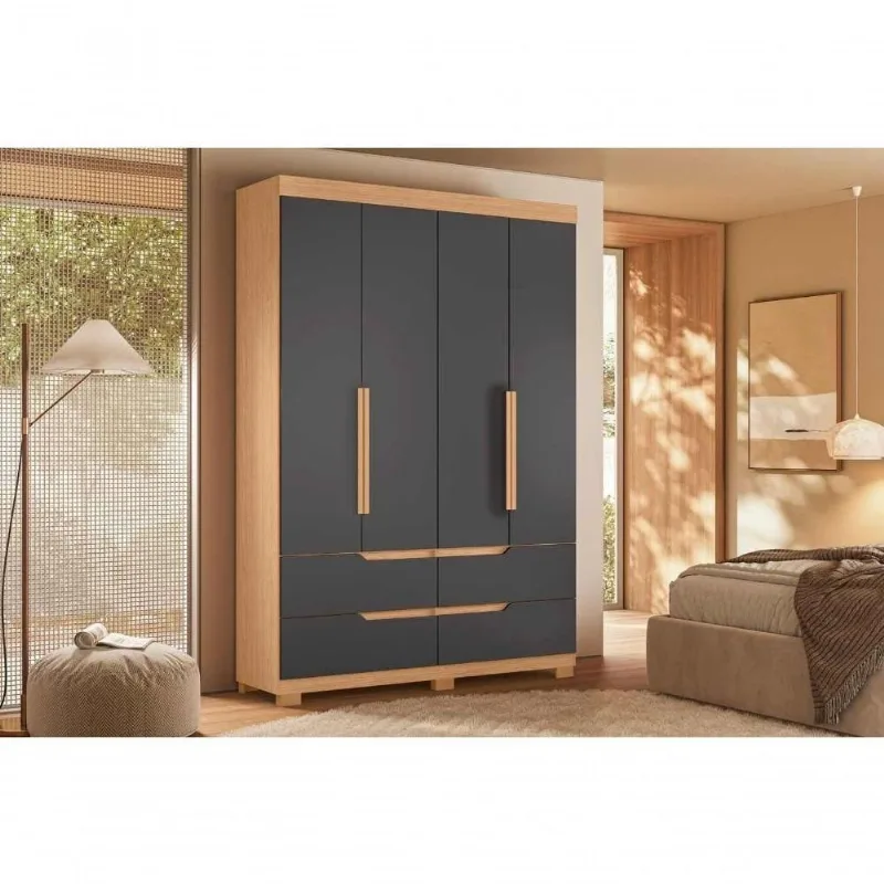 Guarda Roupa Solteiro Doble 4 Portas de Bater 4 Gavetas MDP Freijó Titanium 160CM