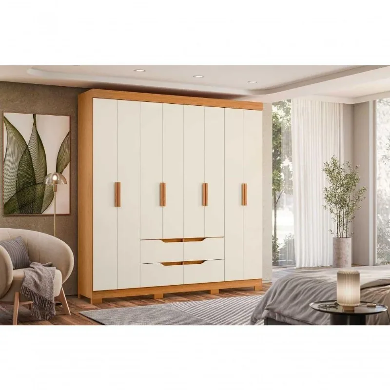 Guarda Roupa Casal Doble 8 Portas de Bater 4 Gavetas MDF MDP Cinamomo Off White 199CM