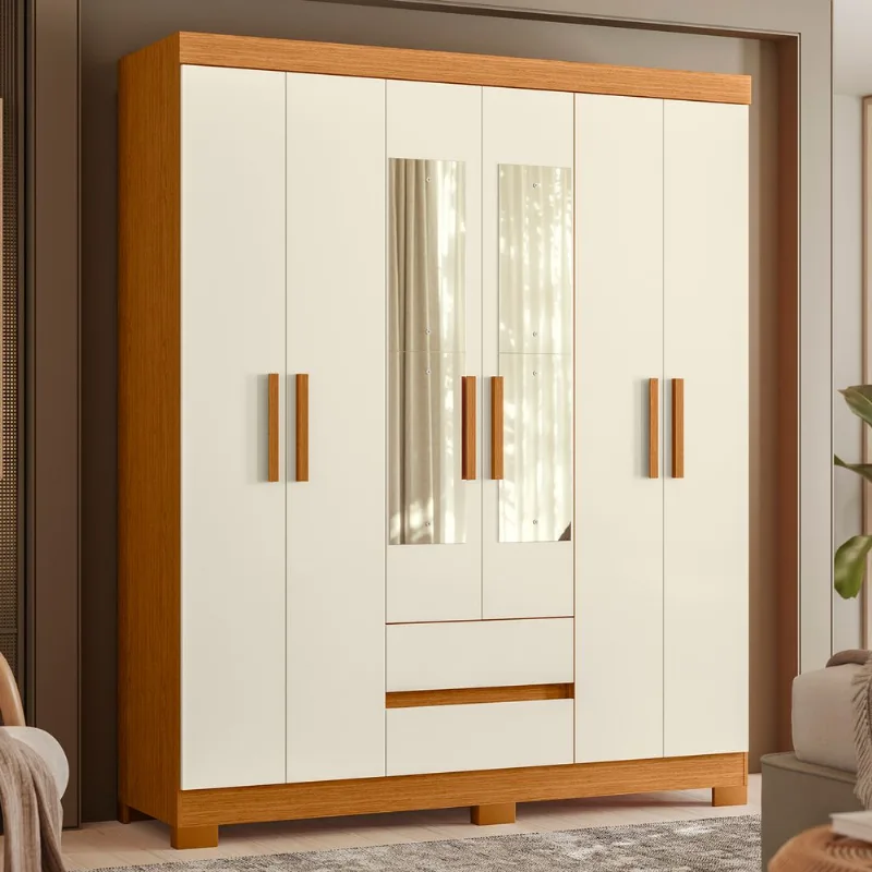 Guarda Roupa Albatroz Linhares 6 portas com Espelho Cinamomo/Off White