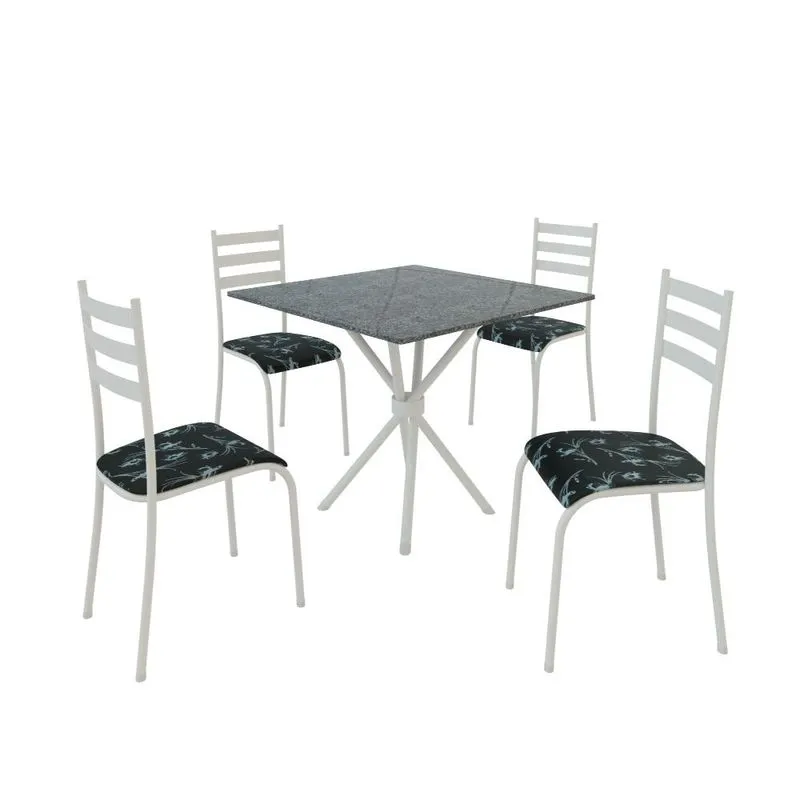 Conjunto de Mesa Itália 0,70m Tampo Granito com 4 Cadeiras 591/13 Madmelos Branco / Preto Flor