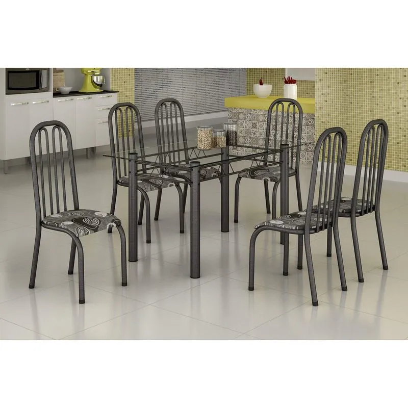Conjunto Mesa com Tampo Vidro e 6 Cadeiras Madmelos Incolor/Prata/Paraopeba