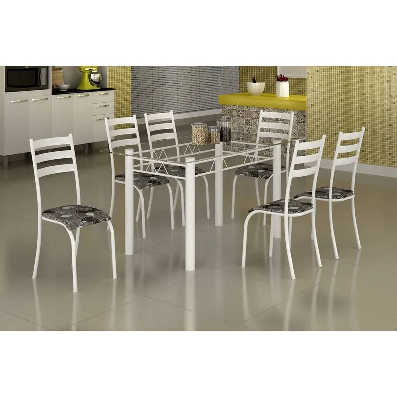 Conjunto Mesa com Tampo Vidro e 6 Cadeiras Madmelos Incolor/Branco/Paraopeba