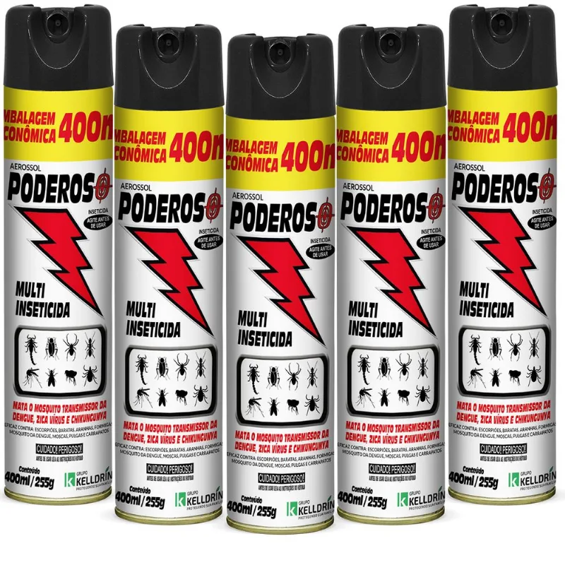 Kit 5 Un Poderoso Multi Inseticida Aerossol 400ml / 255g - Kelldrin Combate Mosquitos Baratas Escorpião Arranhas Pulgas