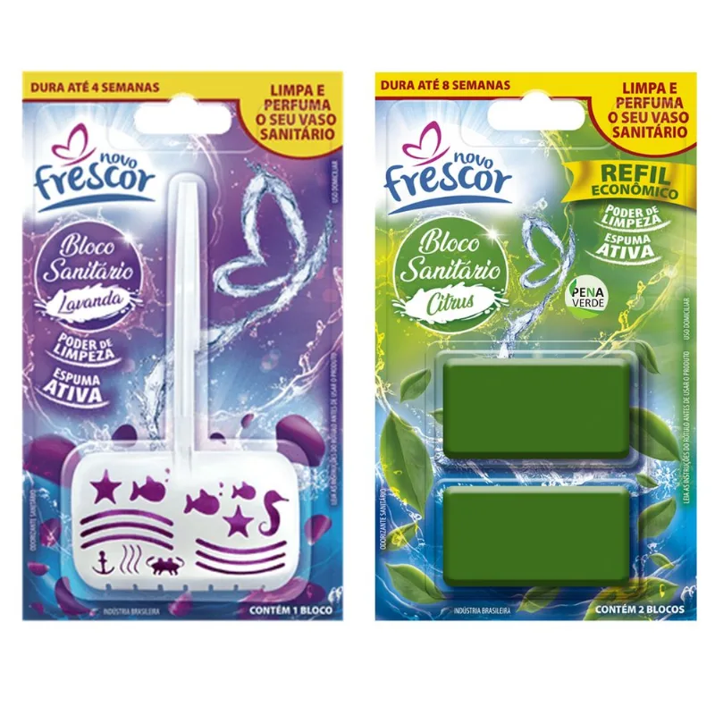 Pastilha Bloco Sanitário 30g Com Suporte + 4 Refis X 2 Kit 8 Detergente Reposição Novo Frescor