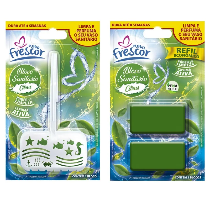 Pastilha Bloco Sanitário 30g Com Suporte + 4 Refis X 2 Kit 8 Detergente Reposição Novo Frescor