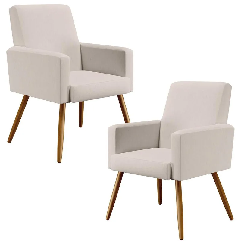 Kit 02 Poltronas Decorativas Para Sala Estar e Recepção Maria W01 Pés Palito Linho Cru - Lyam Decor