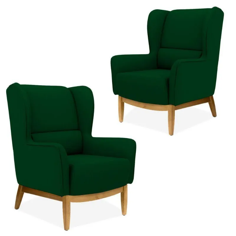 Kit 2 Poltrona Decorativa Sala Estar Milena D02 Base de Madeira Veludo Verde Liso C-303 - Lyam Decor - Lyam Decor