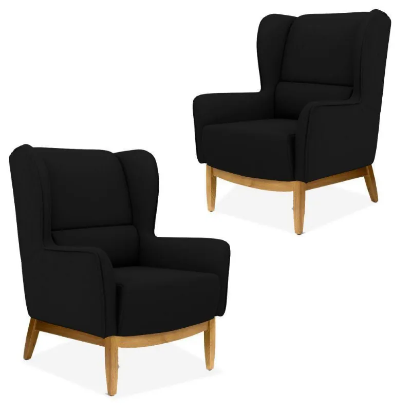 Kit 02 Poltronas Decorativas Sala de Estar Milena D02 Base de Madeira Corano Preto C-05 - Lyam Decor - Lyam Decor
