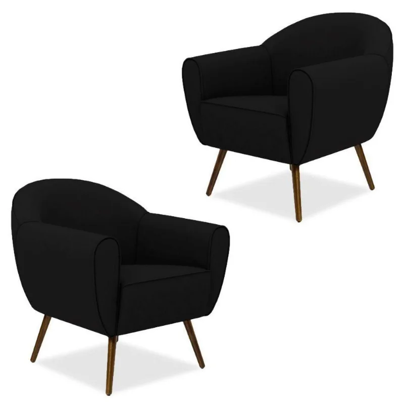 Kit 02 Poltronas Decorativas com Pés Palito Nina D02 Corano Preto C-05 - Lyam Decor - Lyam Decor
