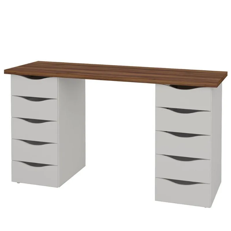 Mesa Para Escritório Escrivaninha Due Web Nogal A02 Branco - Lyam Decor - Lyam Decor