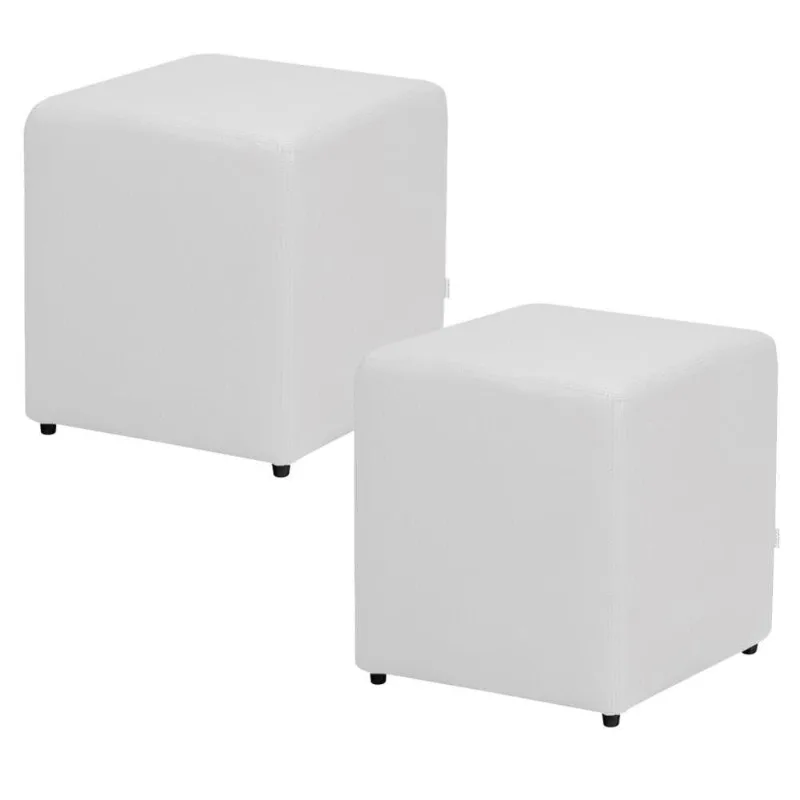 Kit 02 Puffs Quadrado L02 Decorativo Corino Branco - Lyam Decor