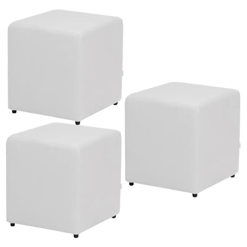 Kit 03 Puffs Quadrado L02 Decorativo Corino Branco - Lyam Decor