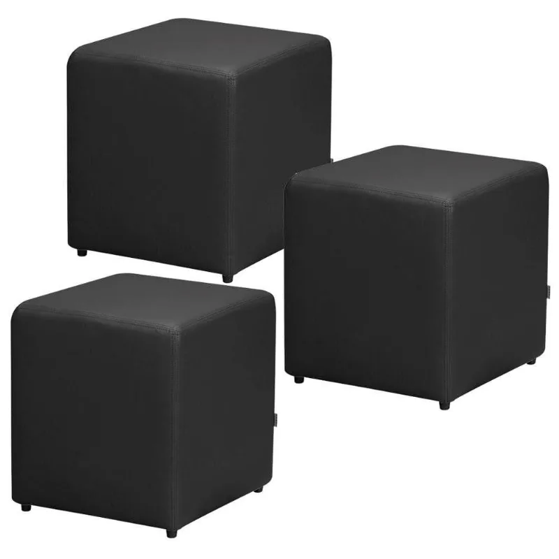 Kit 03 Puffs Quadrado L02 Decorativo Corino Preto - Lyam Decor