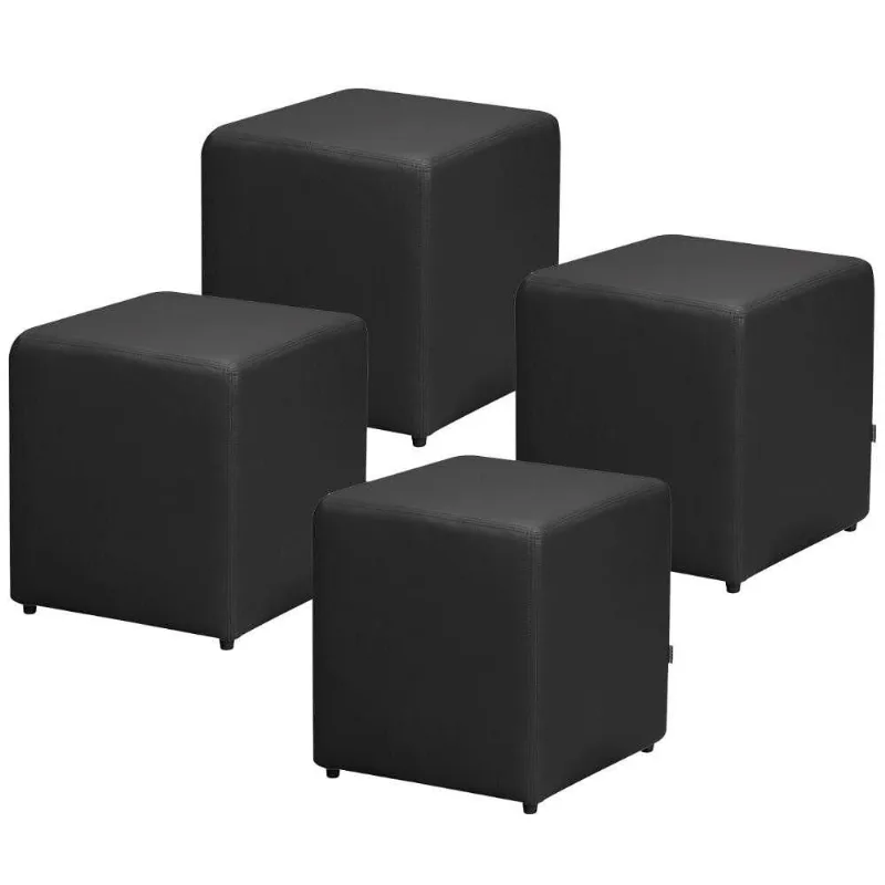 Kit 04 Puffs Quadrado L02 Decorativo Corino Preto - Lyam Decor