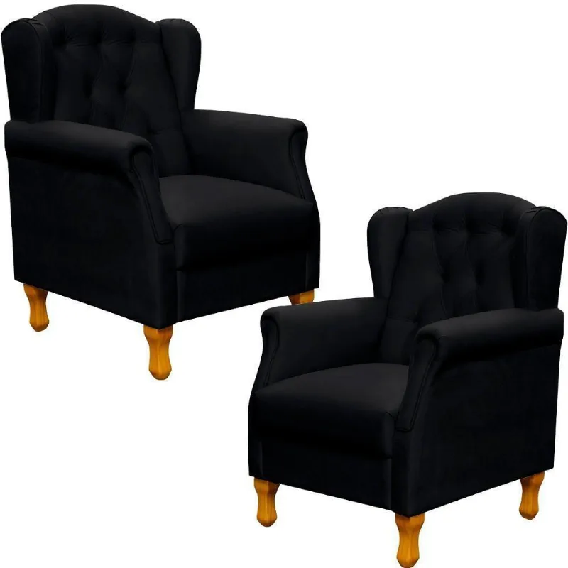 Kit 02 Poltronas Para Sala De Estar Yara P02 Corino Preto