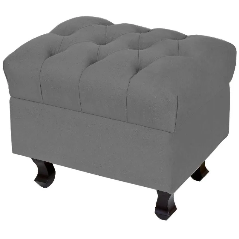 Puff París Luis Xv L02 Capitone Suede Cinza Pés Madeira - Lyam Decor