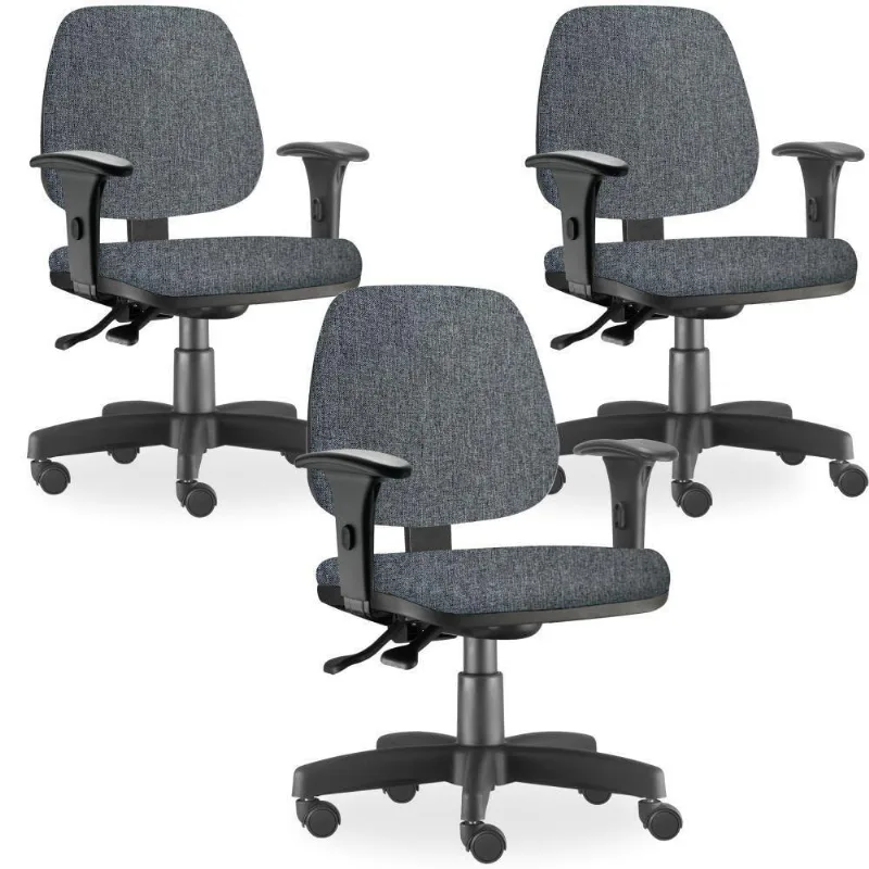 Kit 03 Cadeiras de Escritório Giratória Executiva Ergonômica Job L02 Linho Chumbo - Lyam Decor - Lyam Decor