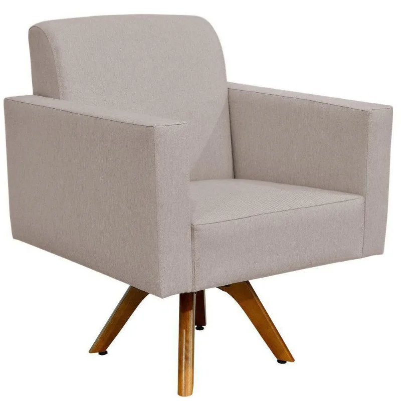 Poltrona Decorativa Giratória Para Sala de Estar Base de Madeira Helô L02 Linho Bege - Lyam Decor