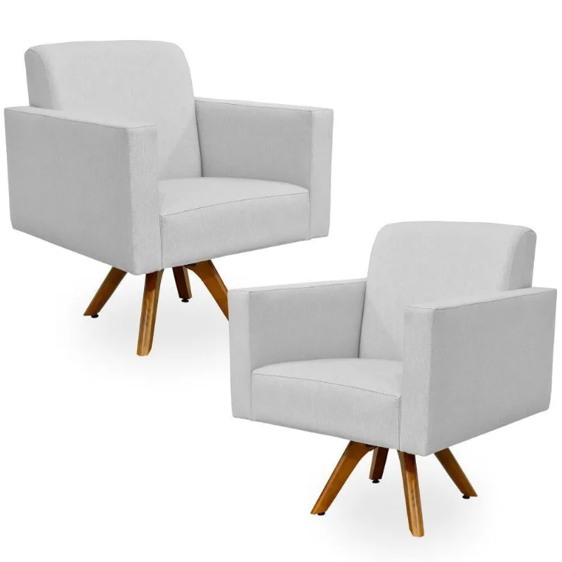 Kit 02 Poltronas Decorativas Giratória Sala Estar Base de Madeira Helô L02 Linho Cinza - Lyam Decor