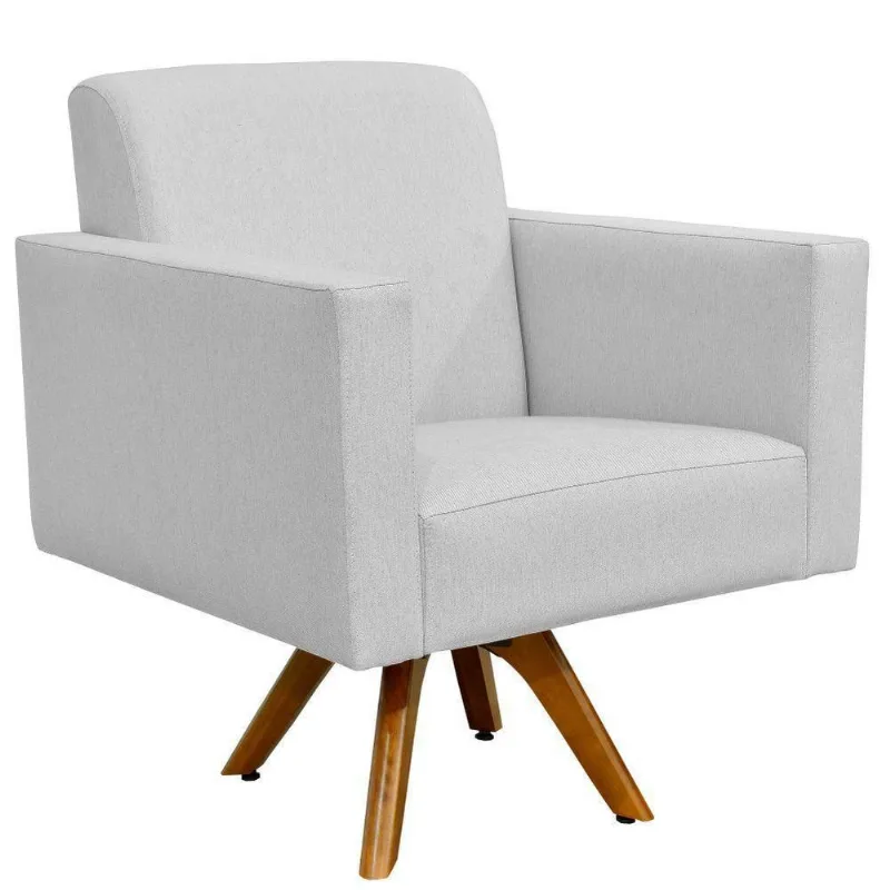 Poltrona Decorativa Giratória Madeira Para Sala de Estar Helô L02 Linho Cinza - Lyam Decor