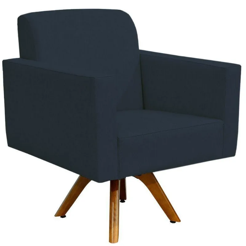 Poltrona Decorativa Giratória Sala de Estar Base de Madeira Helô L02 Suede Azul Marinho - Lyam Decor