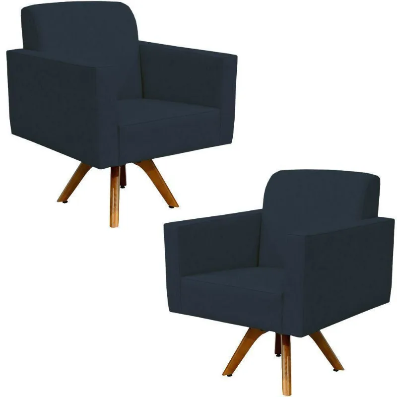 Kit 02 Poltronas Giratória Base Madeira Suede Azul Marinho