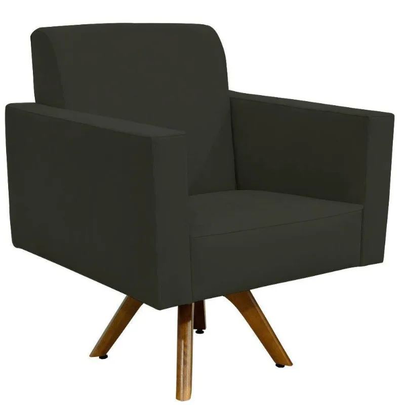 Poltrona Decorativa Giratória Sala de Estar Base de Madeira Helô L02 Suede Cinza - Lyam Decor