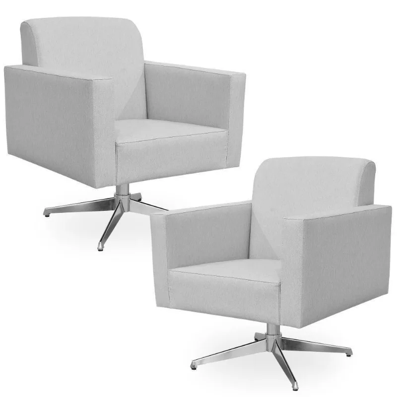 Kit 02 Poltronas Base Giratória Linho Cinza