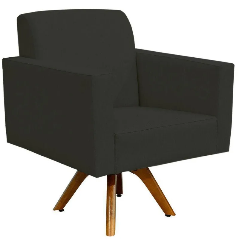 Poltrona Decorativa Giratória Para Sala de Estar Base de Madeira Helô L02 Suede Preto - Lyam Decor